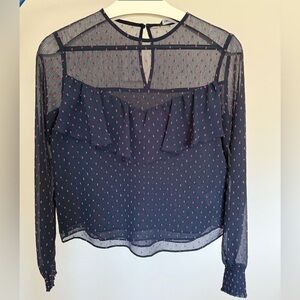 Express Navy Sheer Blouse with Pink Dot Print and Ruffle Yoke